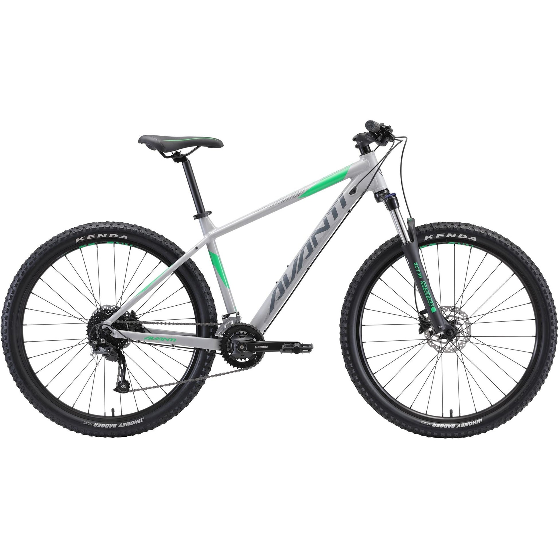 Avanti Montari 2 grey alloy hardtail mountain bike with green accents and Kenda tires.