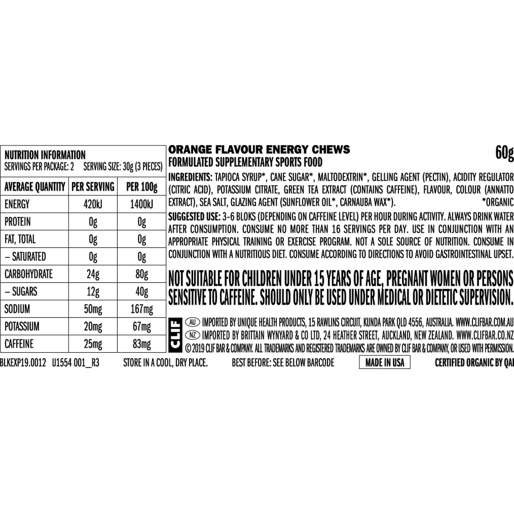CLIF Bloks Energy Chews 60g Orange (+25mg Caffeine)