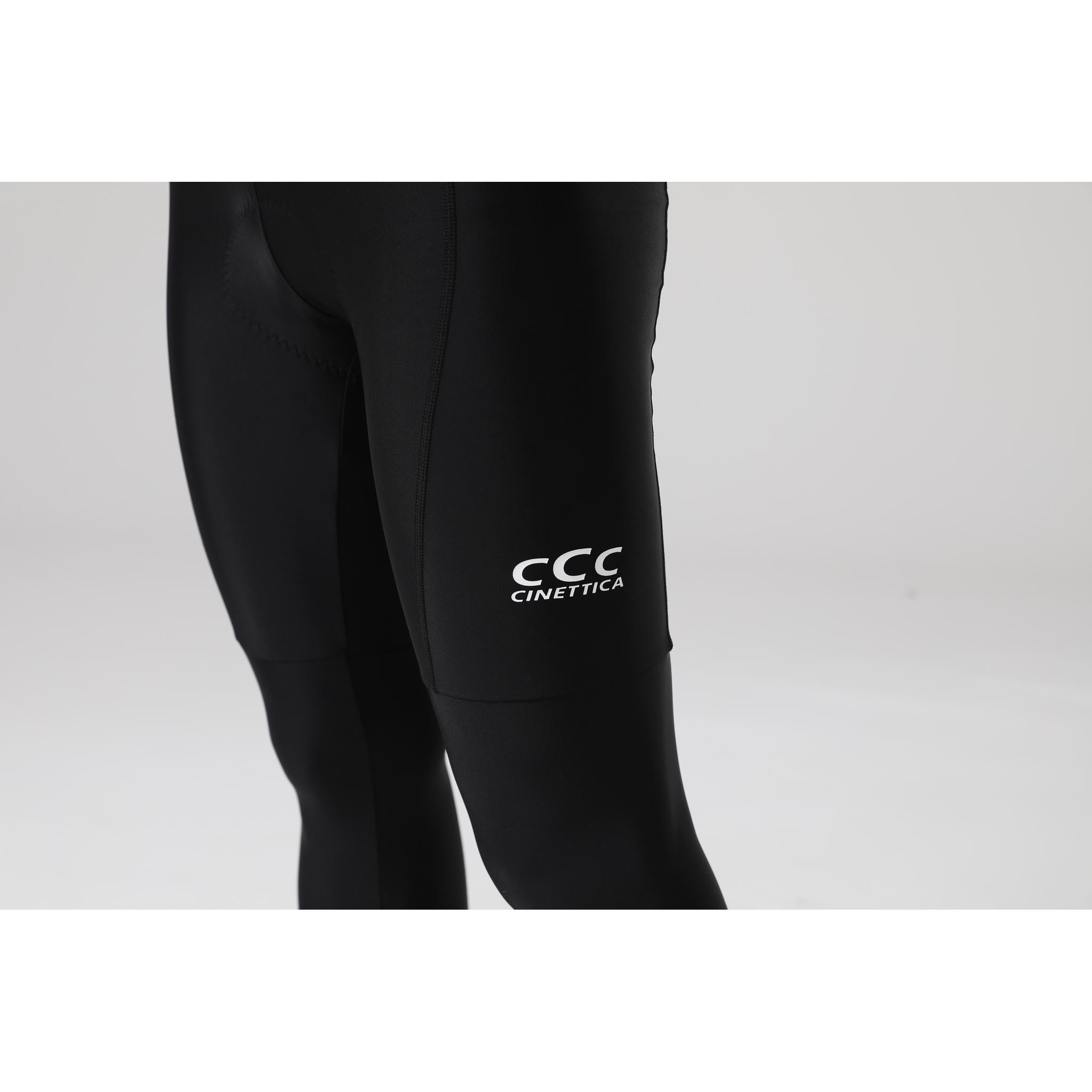 Cinettica Ariston black long bibknicks with white CCC Cinettica logo on the thigh.