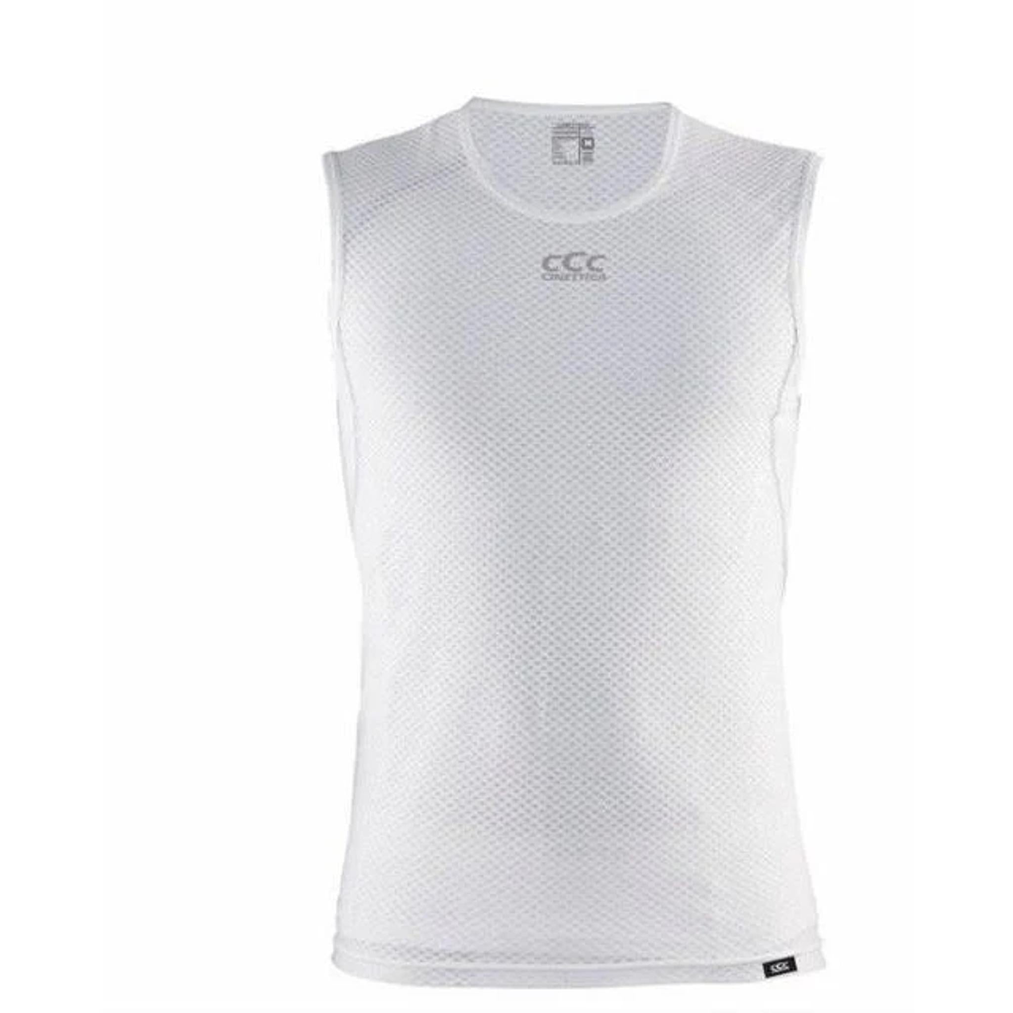 White Cinettica Classic sleeveless base layer with a seamless, breathable mesh fabric and CCC logo.