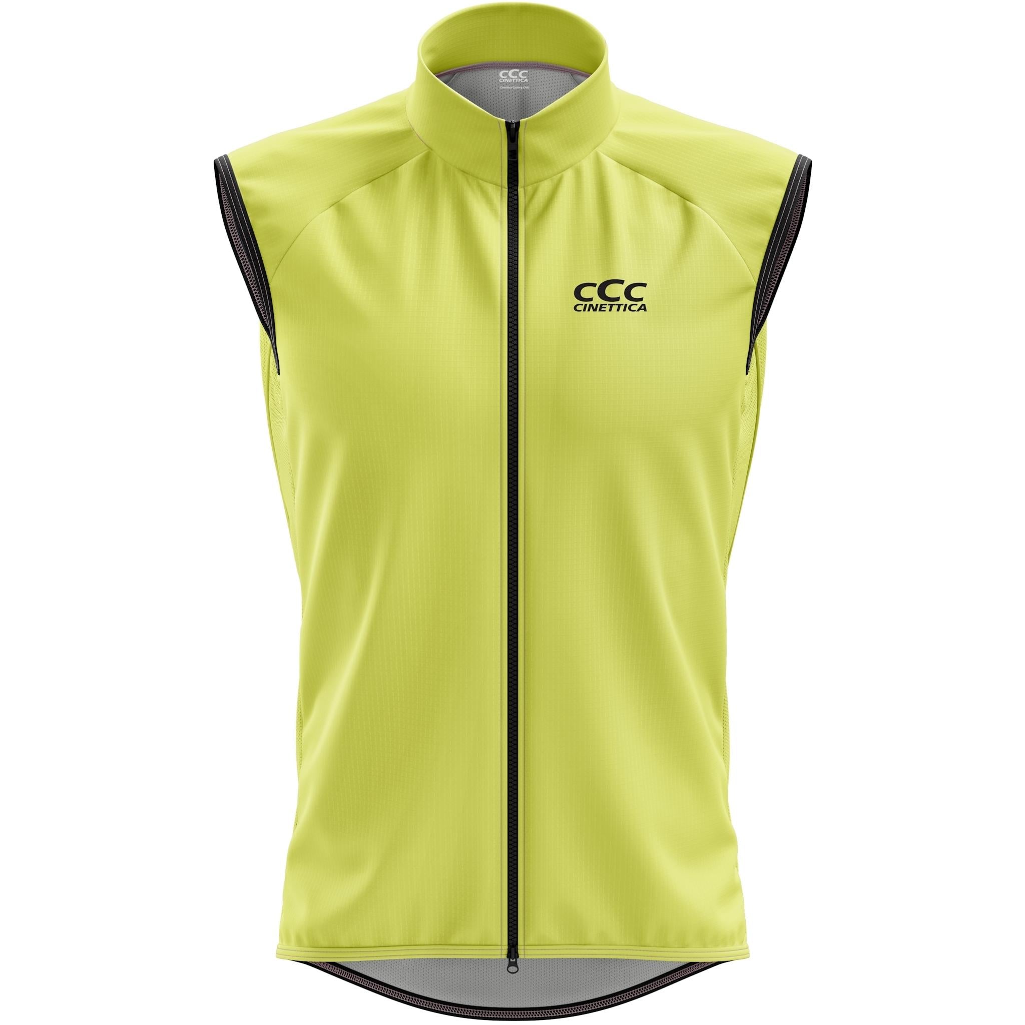 Cinettica Condo Gilet in bright fluro yellow, a lightweight, wind-resistant cycling vest with a full zipper.