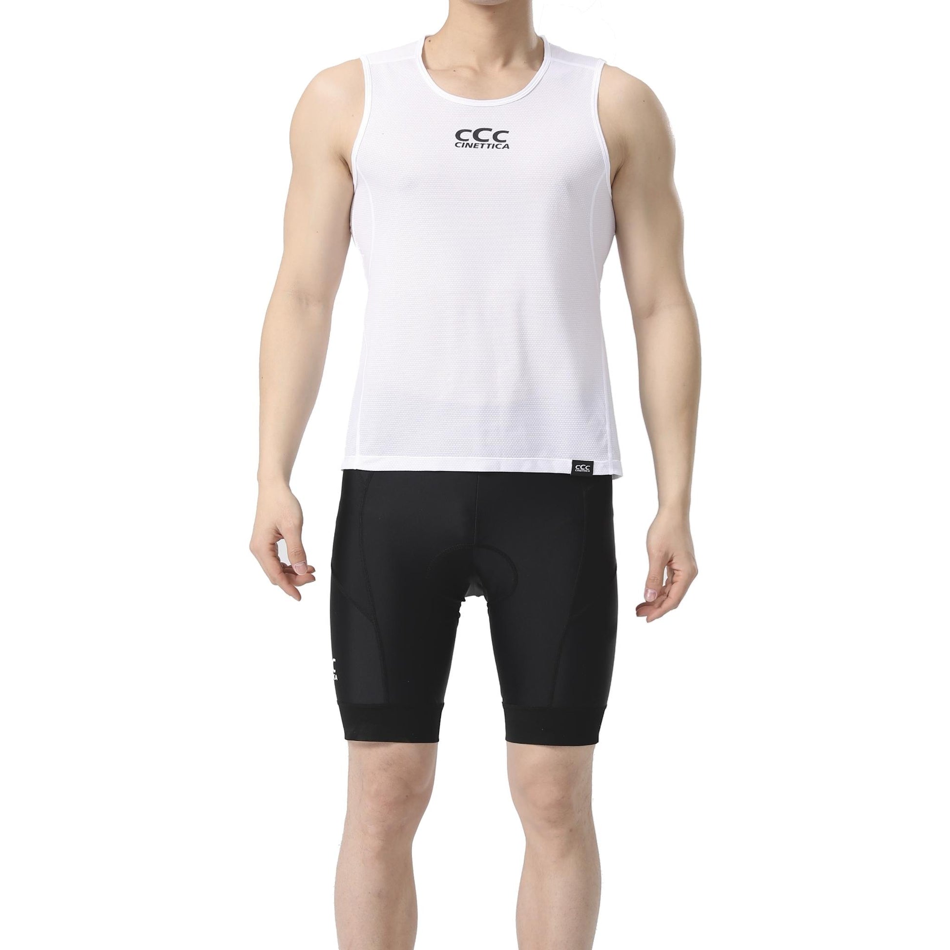 White Cinettica lightweight baselayer tank top on a male model, featuring a soft-touch, breathable fabric.