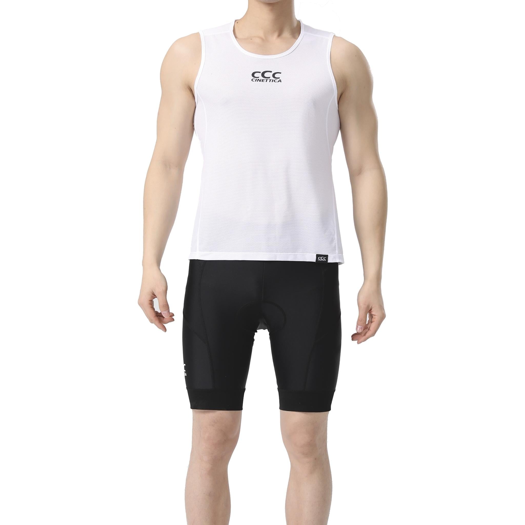 White Cinettica lightweight baselayer tank top on a male model, featuring a soft-touch, breathable fabric.