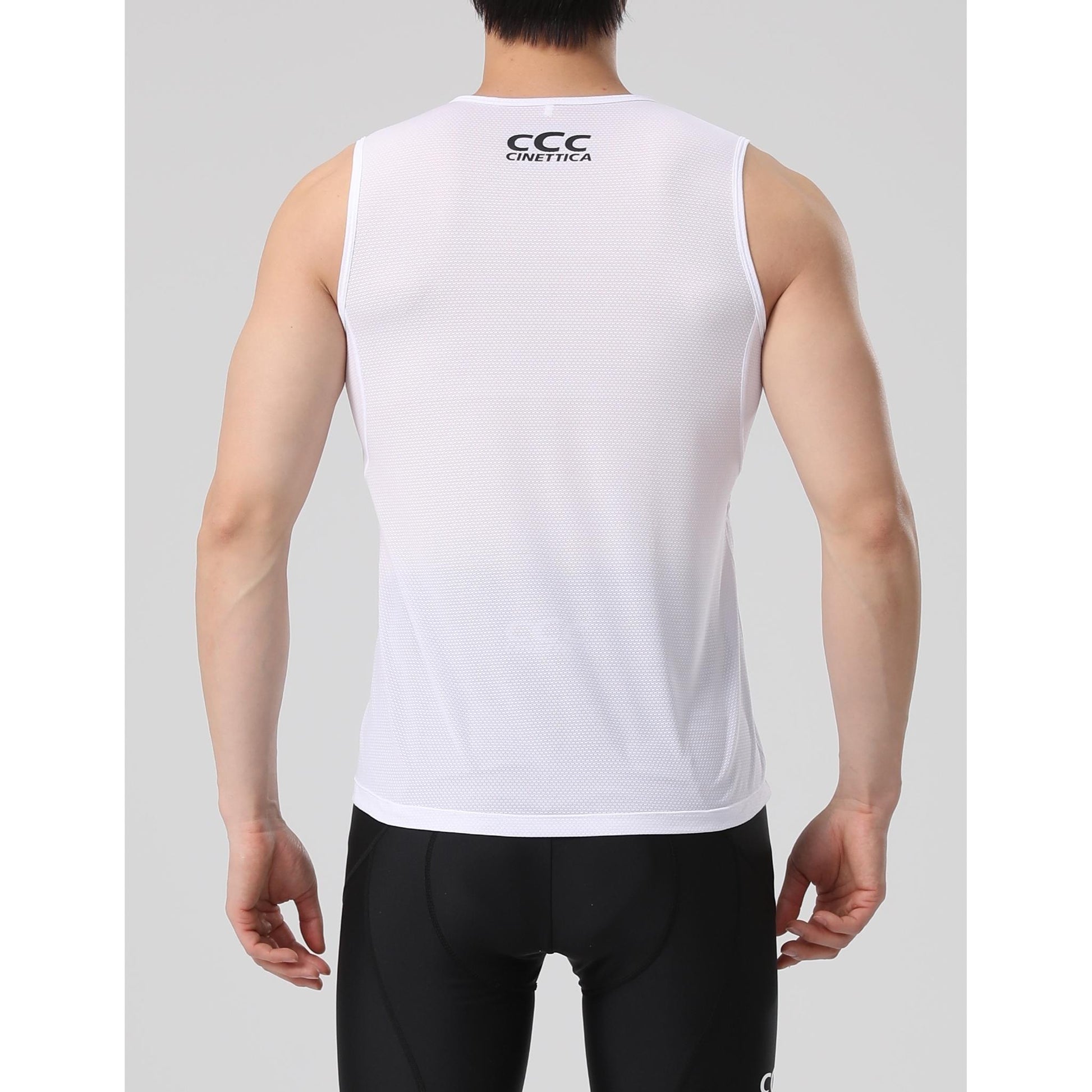 White Cinettica men's lightweight, soft-touch baselayer tank top with mesh fabric, back view.