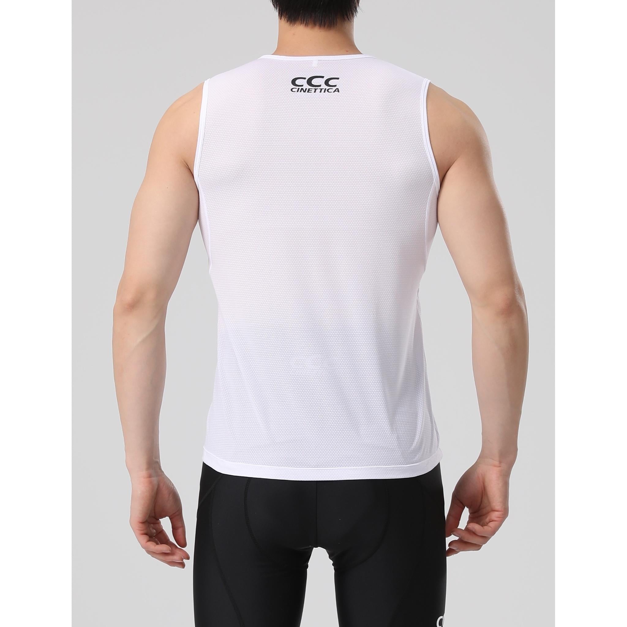 White Cinettica men's lightweight, soft-touch baselayer tank top with mesh fabric, back view.