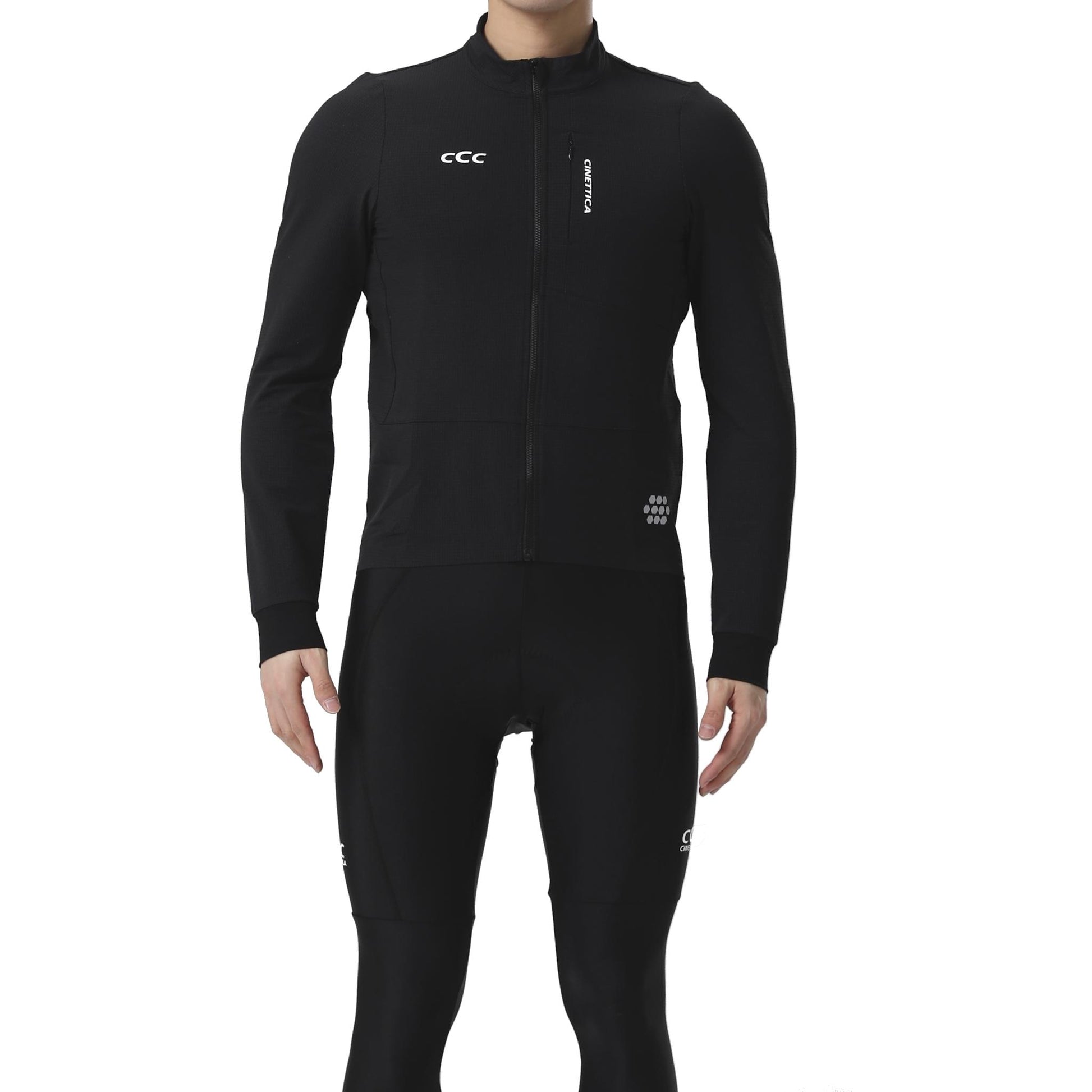 Cinettica Vincita black wind jacket with full zip, reflective details, and long sleeves.