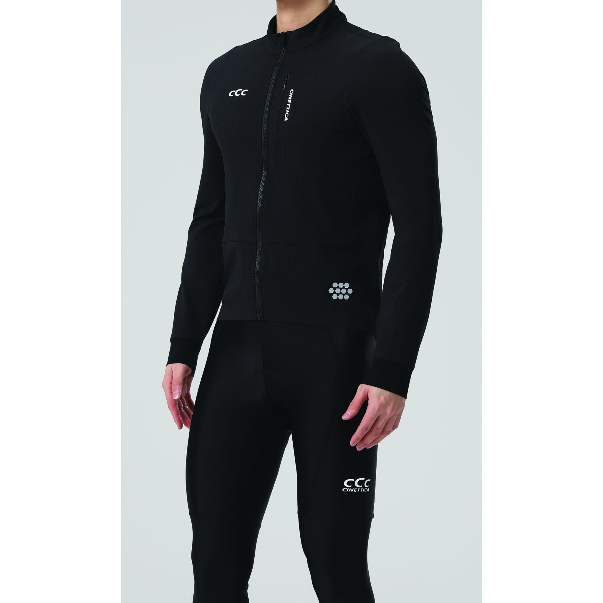 Cinettica Vincita black cycling jacket and tights with reflective details, full zip, and long sleeves.