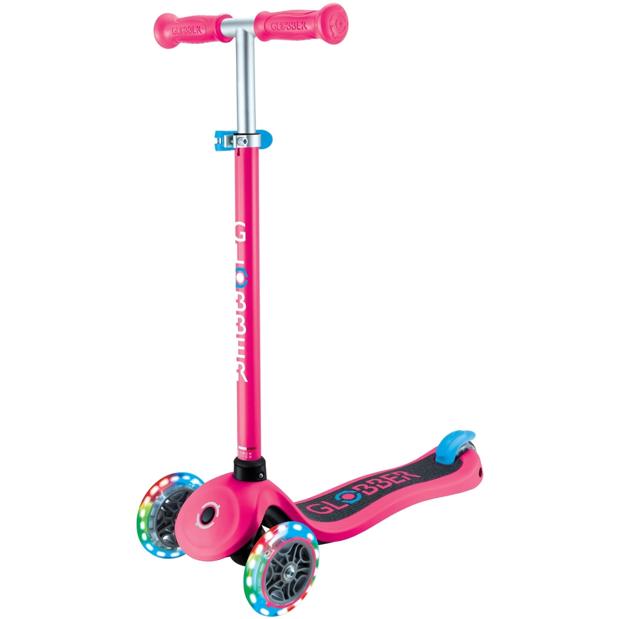 Globber Primo V2 3-Wheel Scooter with Light-Up Wheels and Griptape Fuchsia Pink / Sky Blue