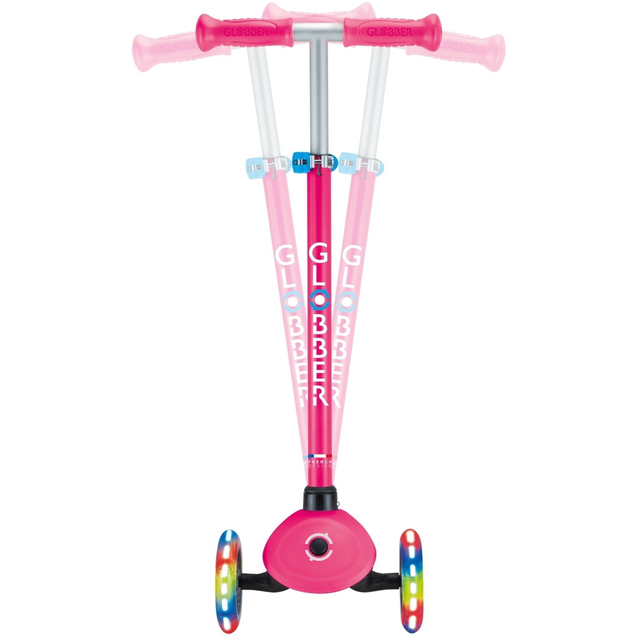 Globber Primo V2 3-Wheel Scooter with Light-Up Wheels and Griptape Fuchsia Pink / Sky Blue
