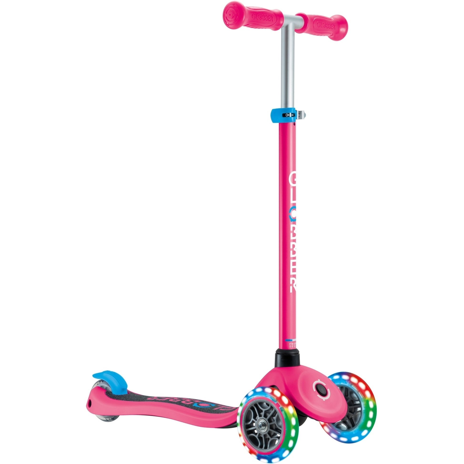 Globber Primo V2 3-Wheel Scooter with Light-Up Wheels and Griptape Fuchsia Pink / Sky Blue