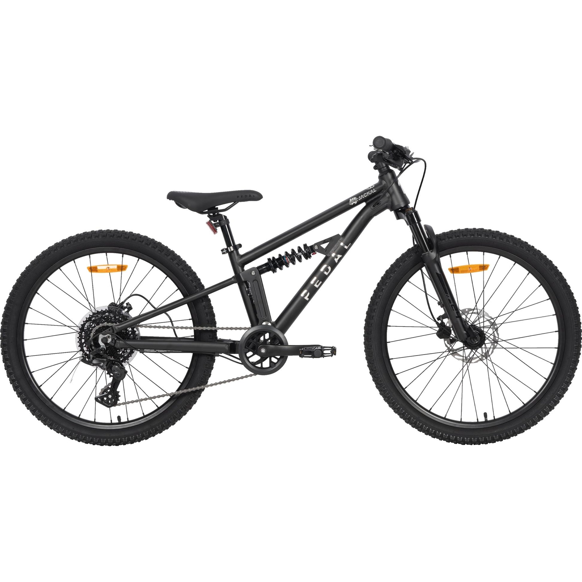 Pedal Jackal DS 24inch black dual-suspension kids mountain bike with mechanical disc brakes.
