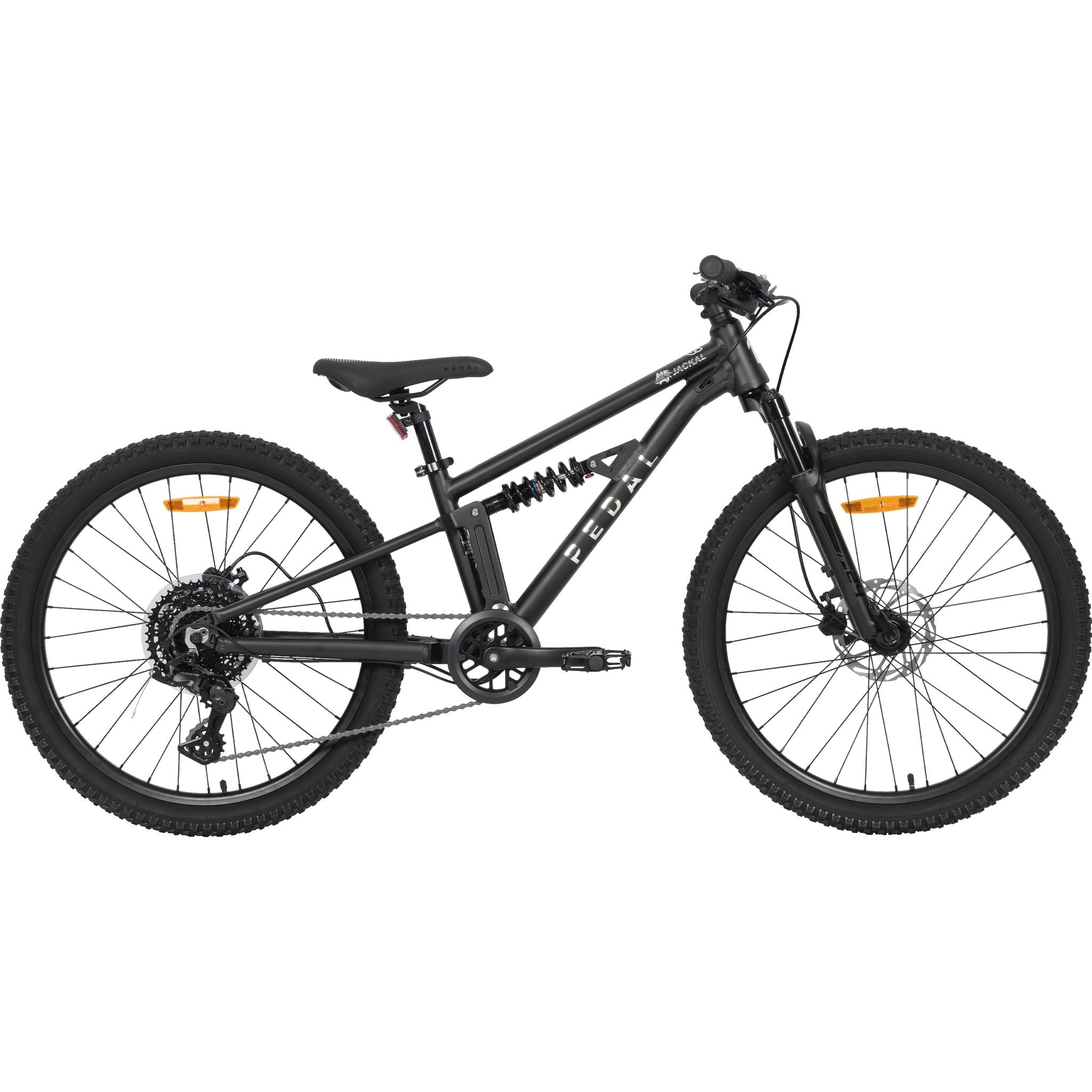Pedal Jackal DS 24inch black dual-suspension kids mountain bike with mechanical disc brakes.