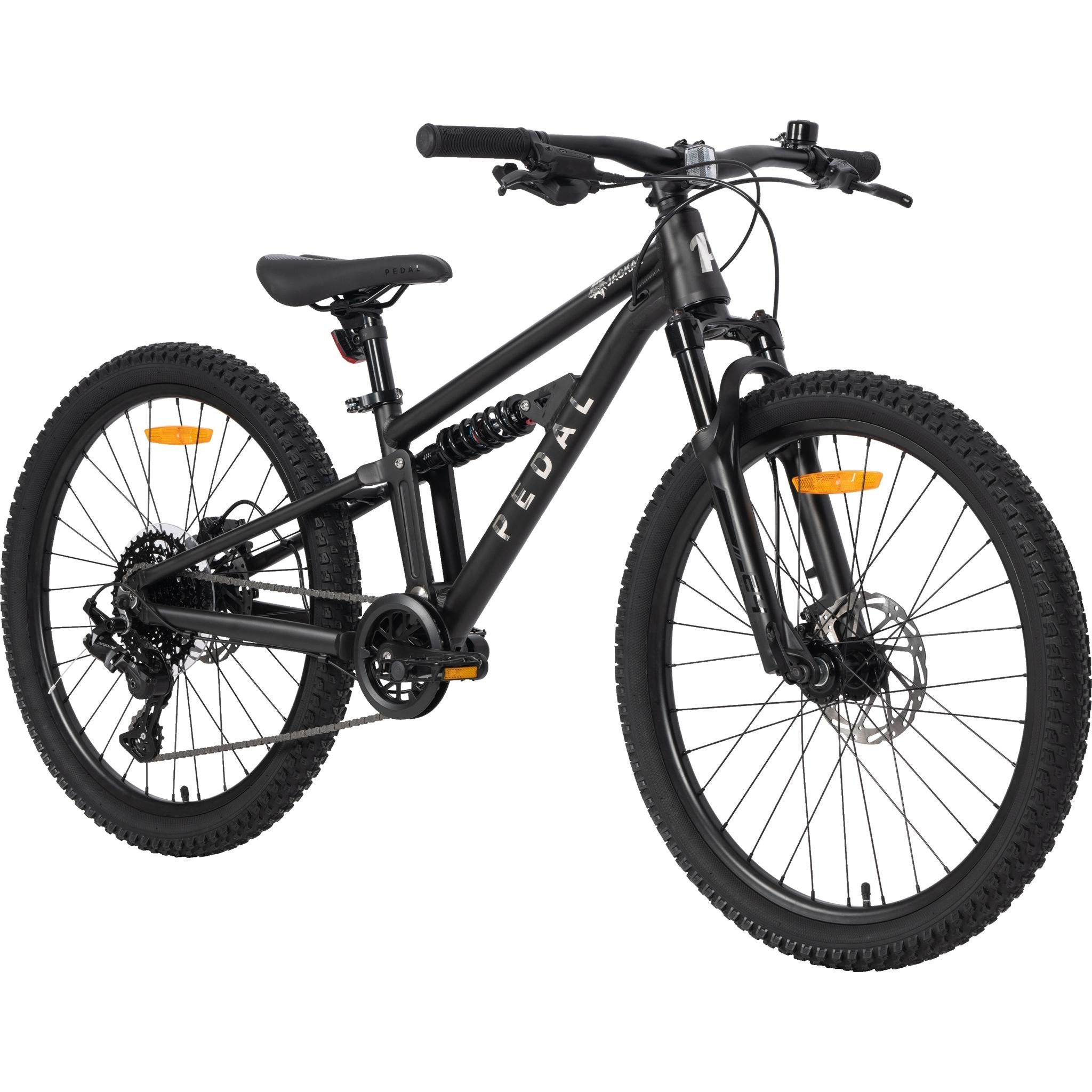 Pedal Jackal DS 24-inch black dual-suspension kids mountain bike with mechanical disc brakes.