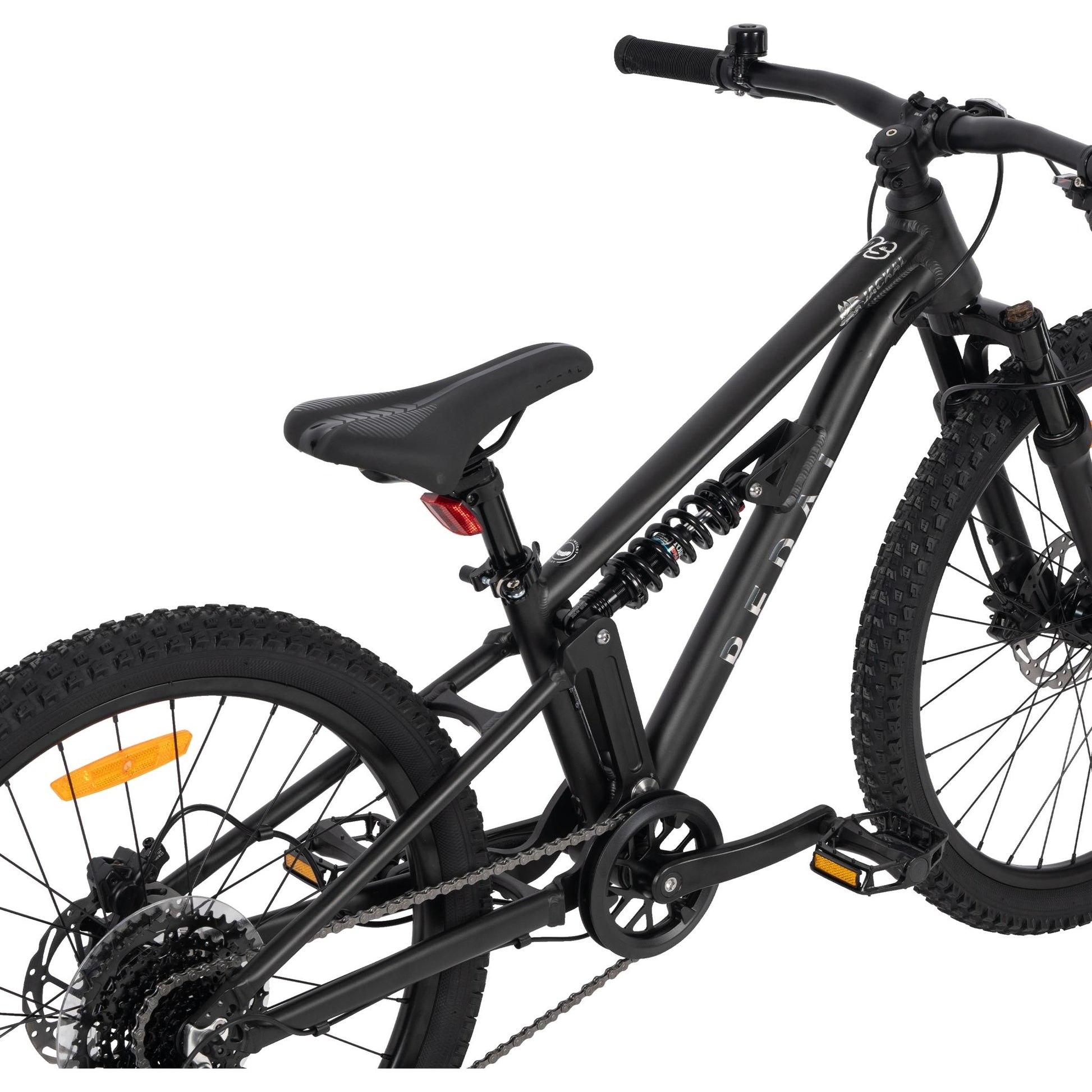 Black Pedal Jackal DS 24-inch kids' dual-suspension mountain bike with alloy frame and disc brakes.
