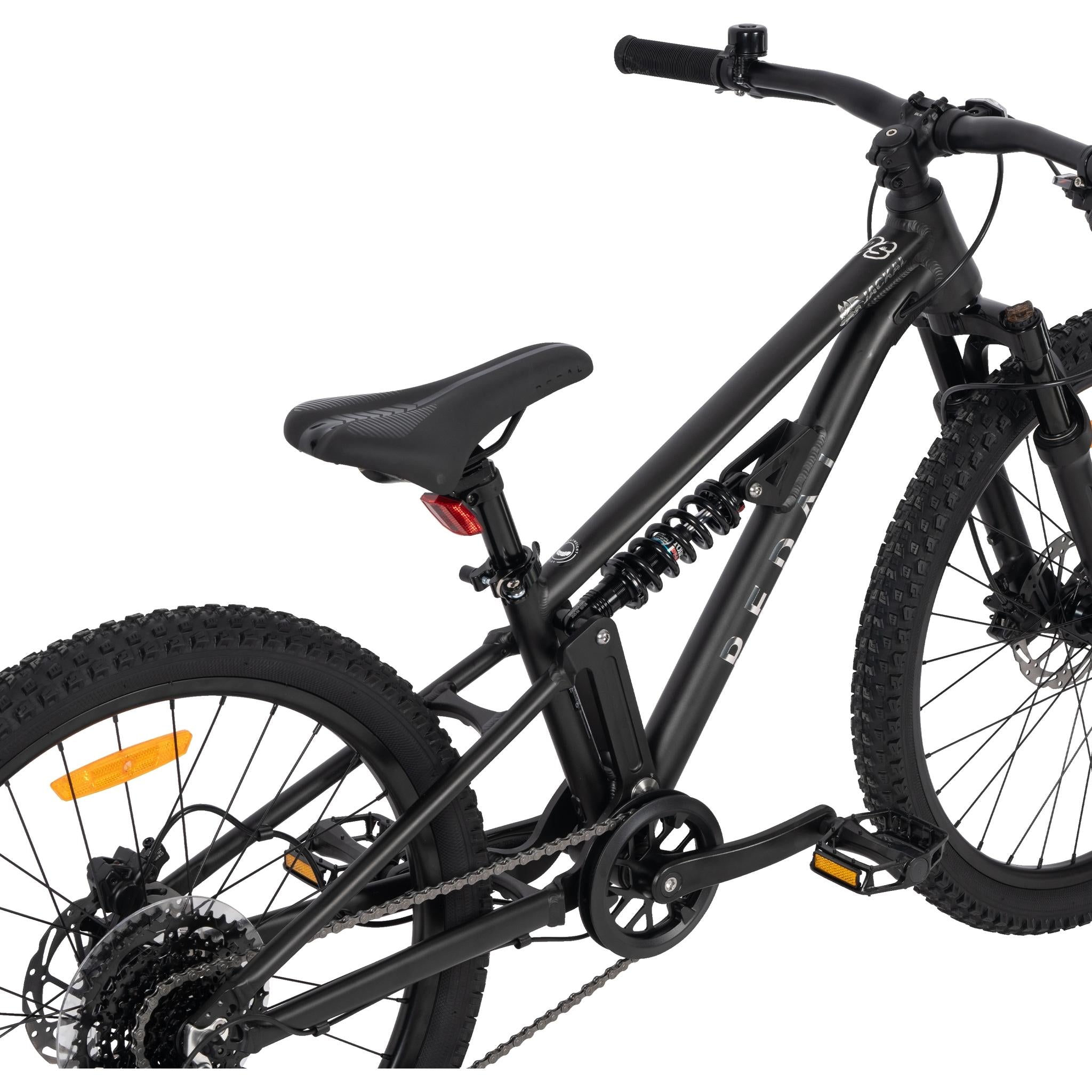 Black Pedal Jackal DS 24-inch kids' dual-suspension mountain bike with alloy frame and disc brakes.