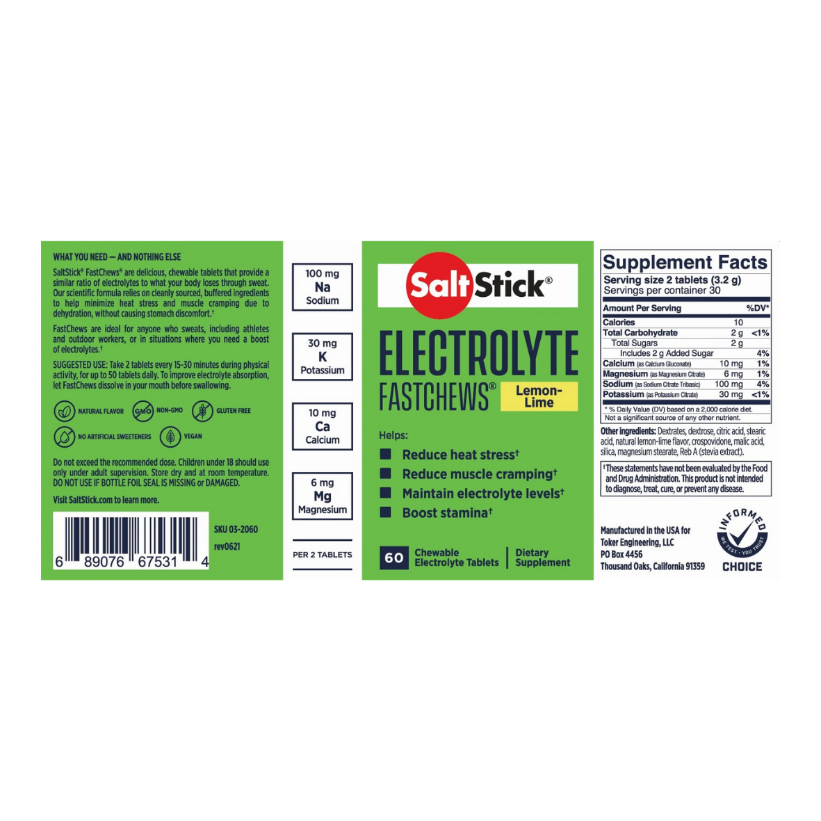Saltstick FastChews Electrolyte Tablets Lemon-Lime 60 Pack Bottle