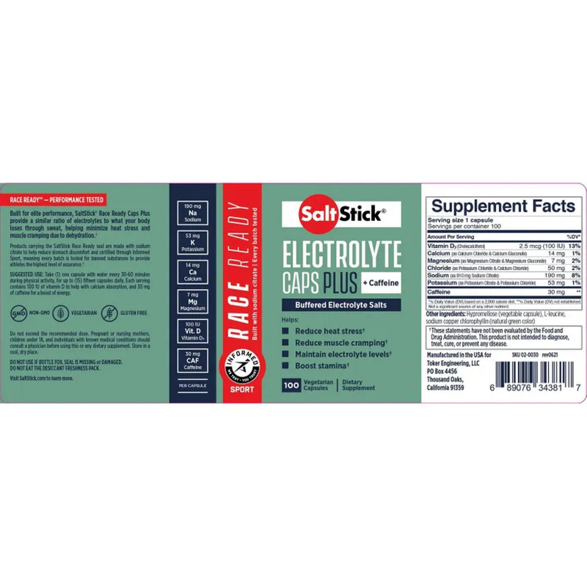 Saltstick Label Saltstick Race Ready Plus Caps Caffeinated Bottle of 100 Capsules ...