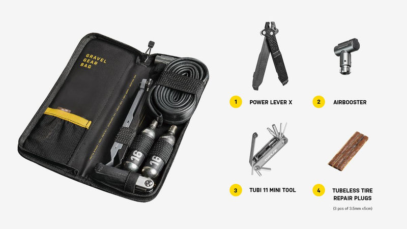 Topeak Frame Bag Gravel Gear bag w/ Power Lever X, Airbooster, Tubi 11 Mini Tool + 3pc Tyre repair plugs